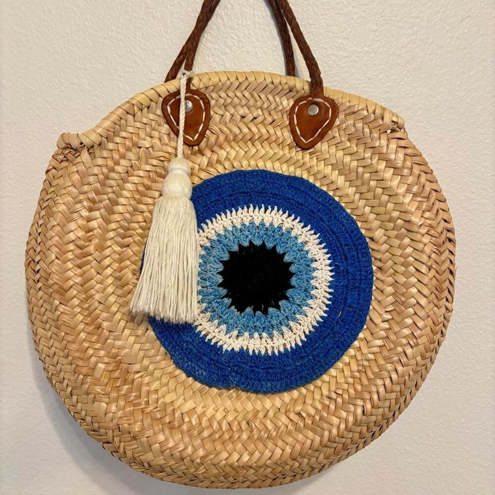 Boho Evil Eye Straw Circle Tote Bag Woven Round Basket Purse with Tassel